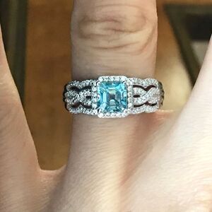Natural Blue Zircon Moissanite Sterling Silver Ring Size 6